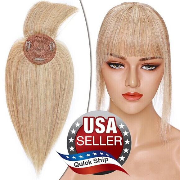Remy 100% Human Hair Topper Women Ash Blonde Mix Clip-In 14in Hairpiece w/ Bangs - Picture 1 of 9